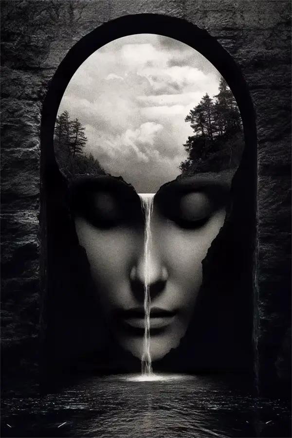 Affiche murale abstraite de paysage de visage de montagne de femme de nature humaine, peinture de to