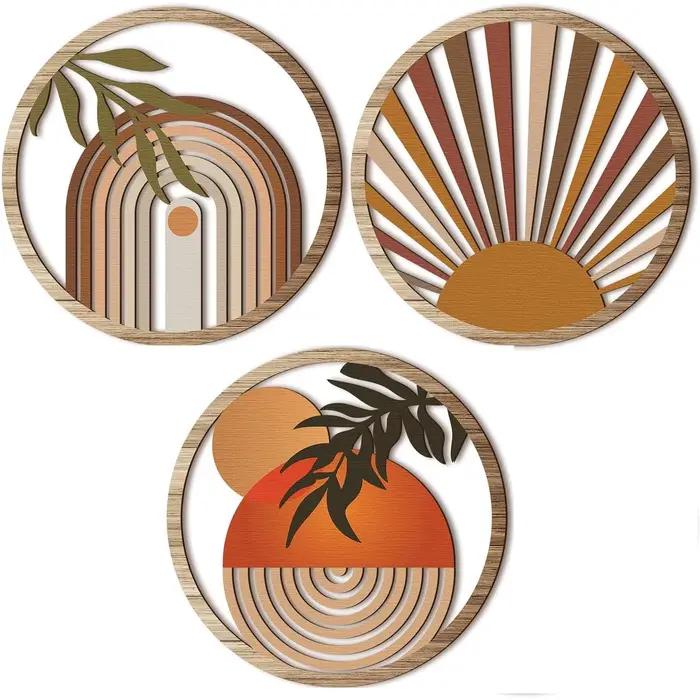 Lot de 3 décorations murales bohèmes en bois rondes ajourées, style ferme, pour chambre et salon