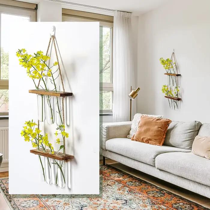 Tube à essai mural, Vase pour plantes de jardinière en verre avec support en bois et corde à cordes,