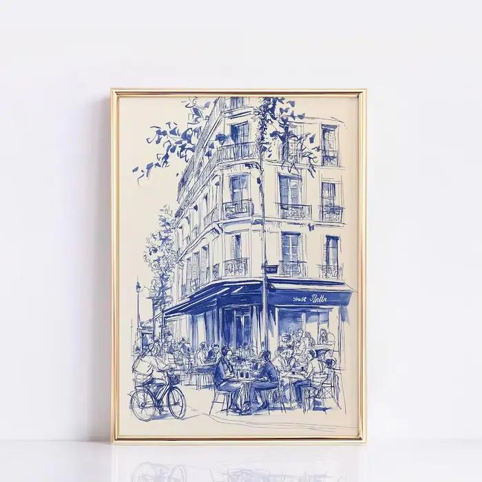 Affiche d'art linéaire sur le thème des cafés de Paris, Décoration murale de bistrot français, Illus
