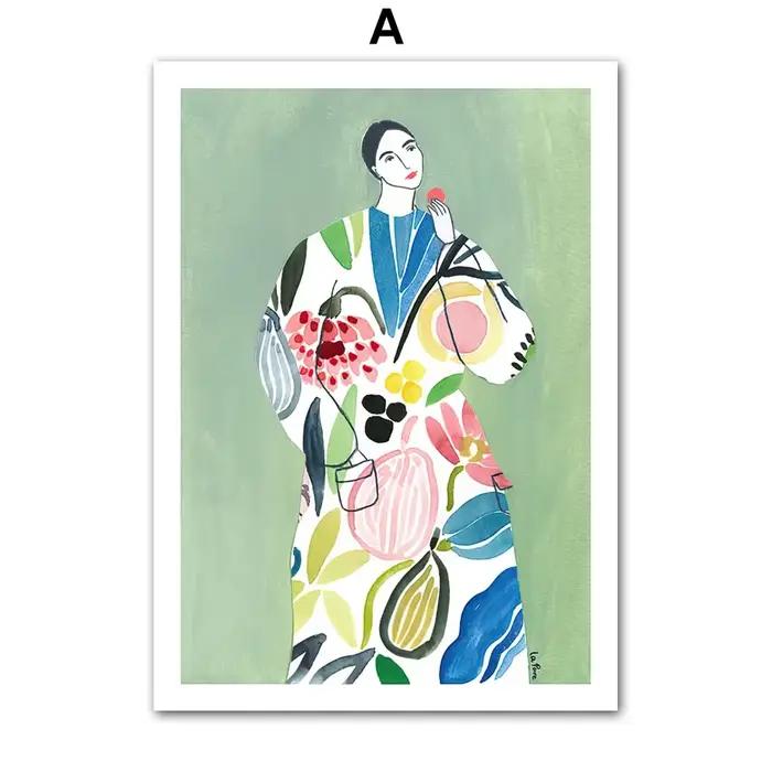 Toile à l'huile imprimée d'art mural, peinture de feuilles vertes, pomme, abricot, fleur, fille, aff