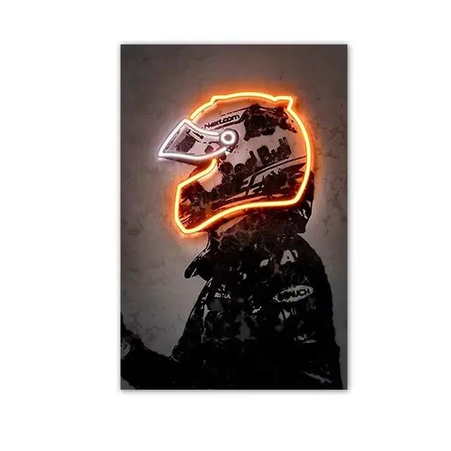 Racing Inboulon Poster Abstrait Neon Helmet Print Canvas Painting, Racing Car Wall Art Picture, Home
