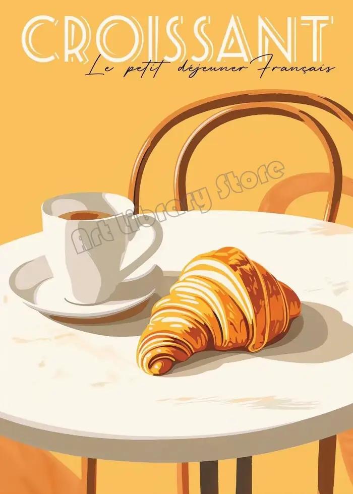 Style rétro Croissant & café petit déjeuner français cuisine nourriture affiche toile peinture mur A