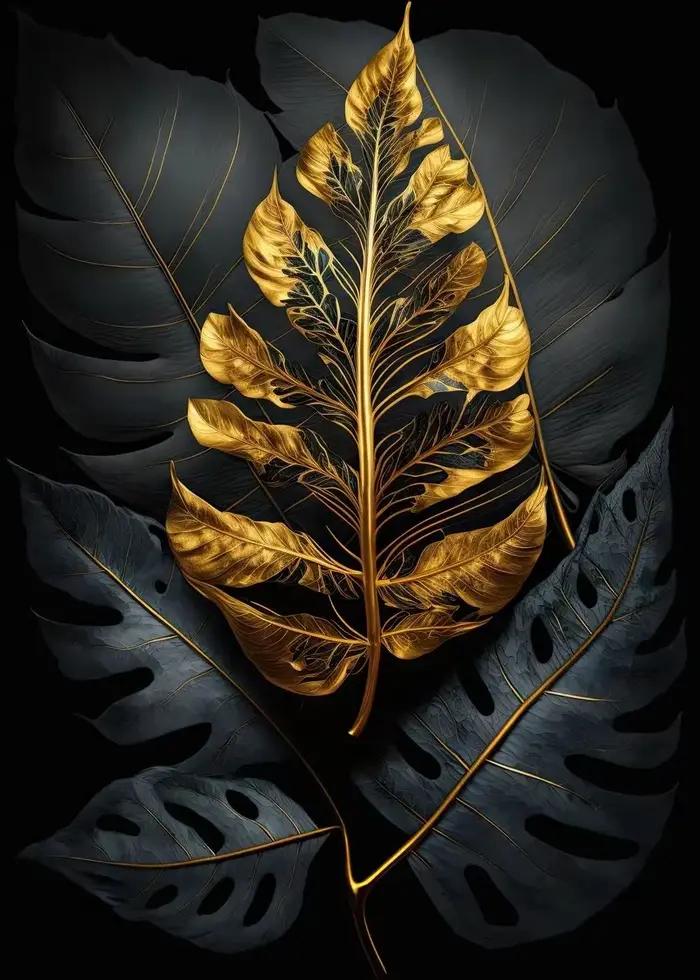 Art mural abstrait nordique moderne, plantes de luxe, feuilles noires et dorées, impression sur toil