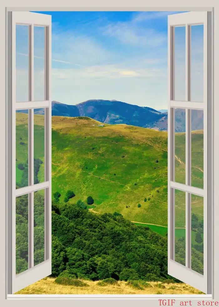 Affiches de paysage de plage, effet de fenêtre, coucher de soleil, cascade de montagne, vue sur la m