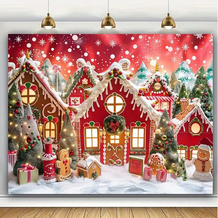 Photographie de fond de maison de pain d'épice de Noël, fond d'arbre de joyeux Noël d'hiver, décorat