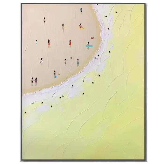 Peinture à l'huile sur toile de plage d'été, peinture d'océan rose abstraite moderne, grand Art mura