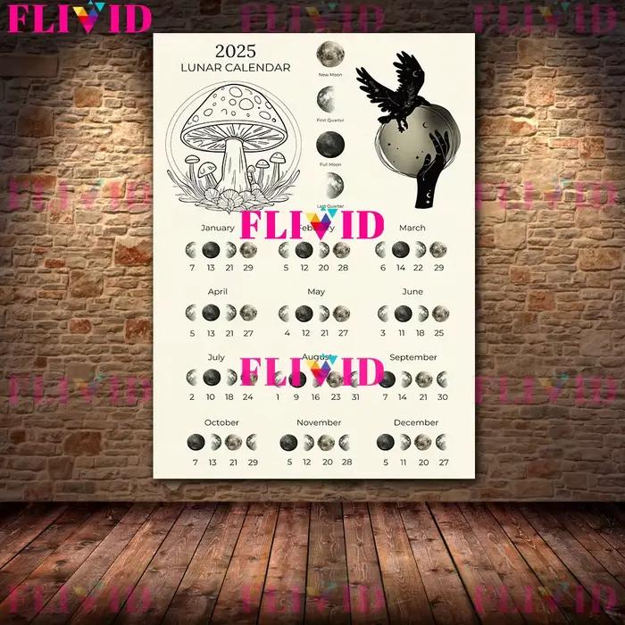 Affiche d'Art Mural Vintage avec Calendrier Lunaire 2025, Phases de Lune, Magie de la Lune, Manifest