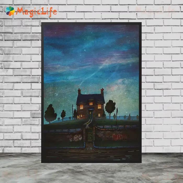Affiches de lune de maison de paysage de nuit étoilée de dessin animé, images murales pour salon, af