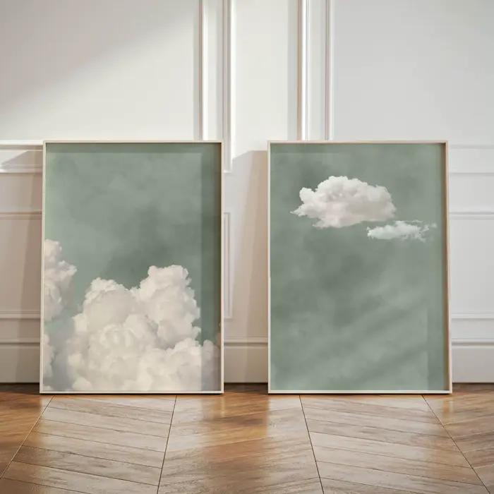 Affiche d'art mural nuage vert sauge, imprimés sur toile d'art ciel abstrait pour salon moderne, cha