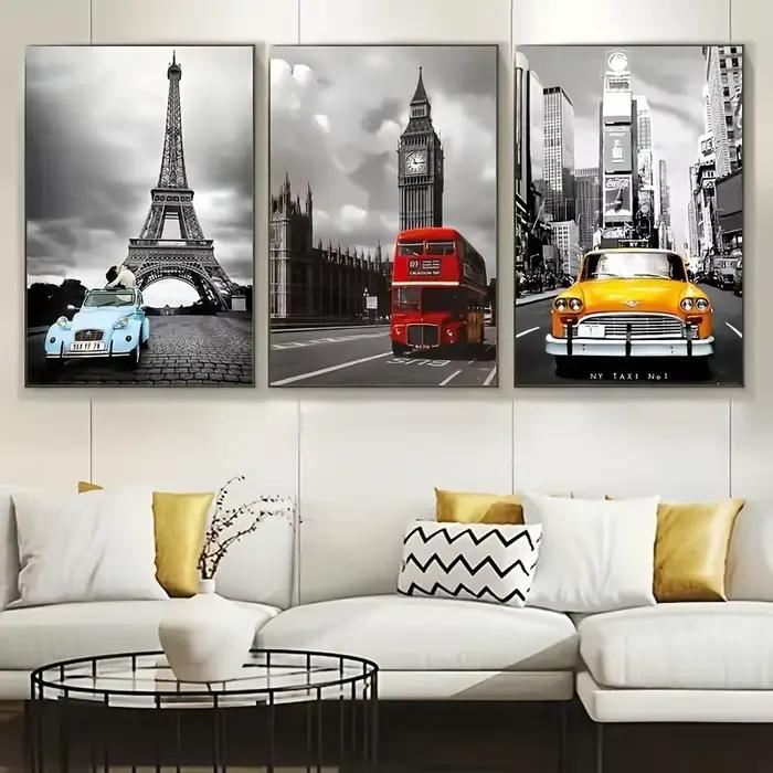 3 ensembles d'affiches en toile, tour, voiture de sport, bus rouge, paysage de ville noir et blanc,