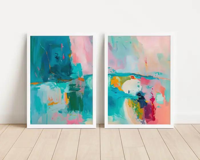 Ensemble de 2 impressions d'art abstrait rose et turquoise vives et colorées, œuvres d'art contempor