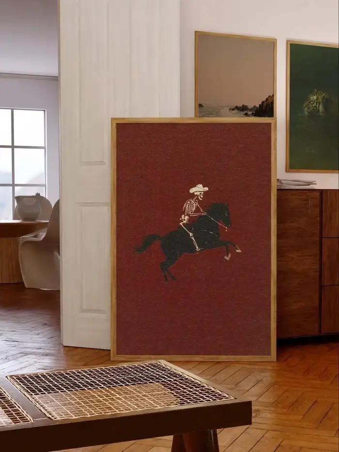 Squelette Cowboy Illustration Bucking Bronco Impression Gothique Décoration Murale Cheval Affiche Ar