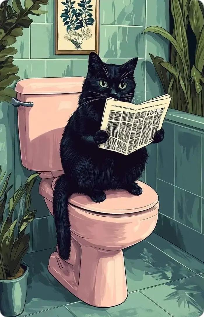 Affiche de journal de lecture de chat noir fantaisiste, décoration de maison maximaliste, toilettes