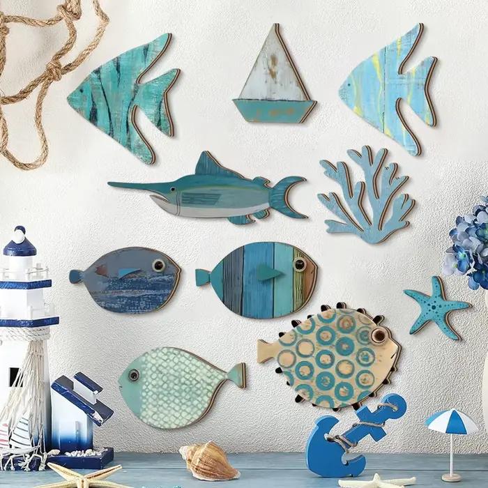Décoration murale océan en bois fabriquée à la main – Ensemble poisson, corail, étoile de mer et voi