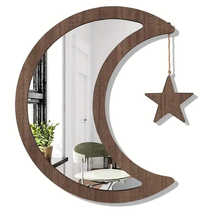 Miroir mural en forme de lune avec cadre en bois bohème, miroirs décoratifs pour salle de bain, cham