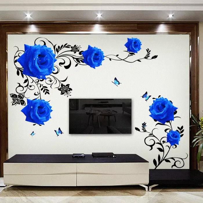 Autocollants muraux de fleurs de rose bleue de grande taille, fond de canapé et de télévision, décor
