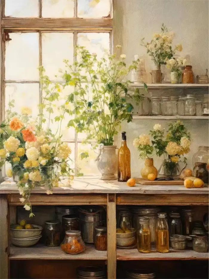 Printemps Vintage pays Cottage nature morte fleur cuisine couleur chaude œuvre affiche toile peintur