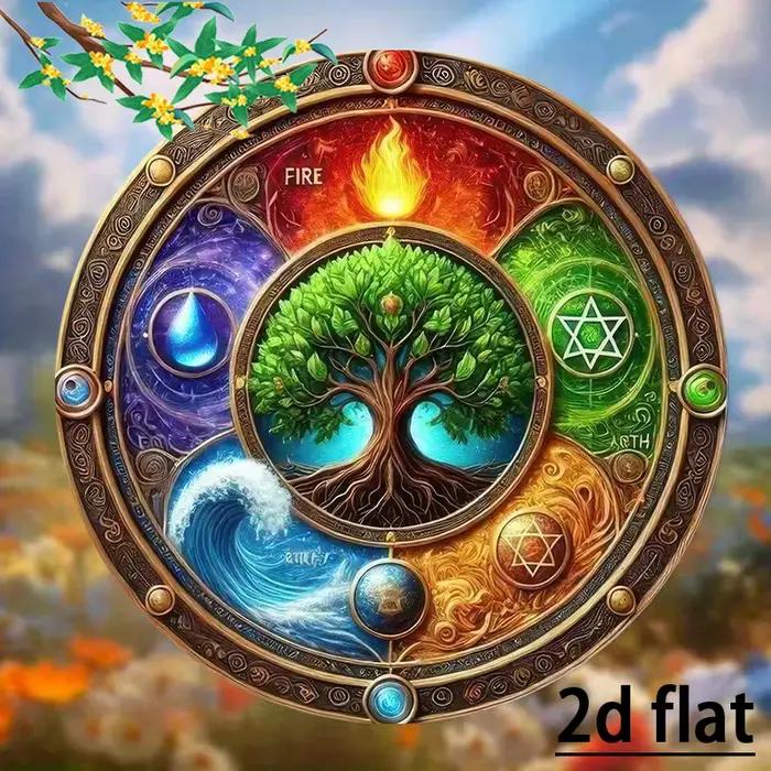 Art mural vintage en métal arbre de vie – Décor plat 2D avec éléments de feu, d'eau, de terre et d'a