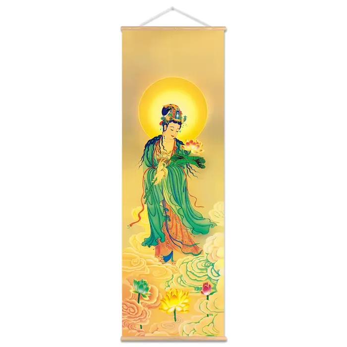 Peinture d'art mural sur toile avec cintre en bois, peinture de défilement bouddhiste réaliste, Bodh
