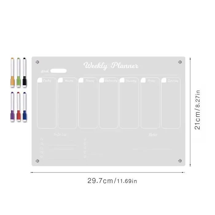 Tableau magnétique A4 pour planificateur hebdomadaire, tableau de notes en acrylique Transparent pou