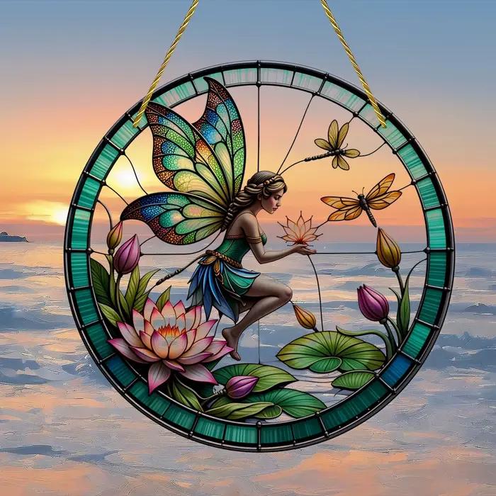 Décoration murale ronde en acrylique style vitrail, Fée enchantée avec fleurs de lotus et libellules