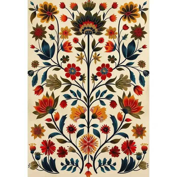 Affiche florale colorée indienne en bambou, Illustration botanique traditionnelle et d'oiseaux, pein