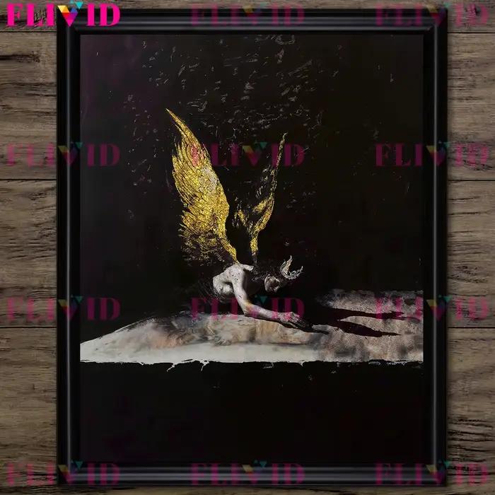 Peinture sur toile d'art mural abstrait sans cadre, décoration de la maison, ange avec des ailes dor