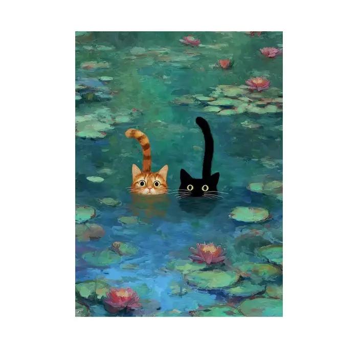 Impression d'art inspirée de Monet, affiche de chat fantaisiste, art mural amusant pour la décoratio