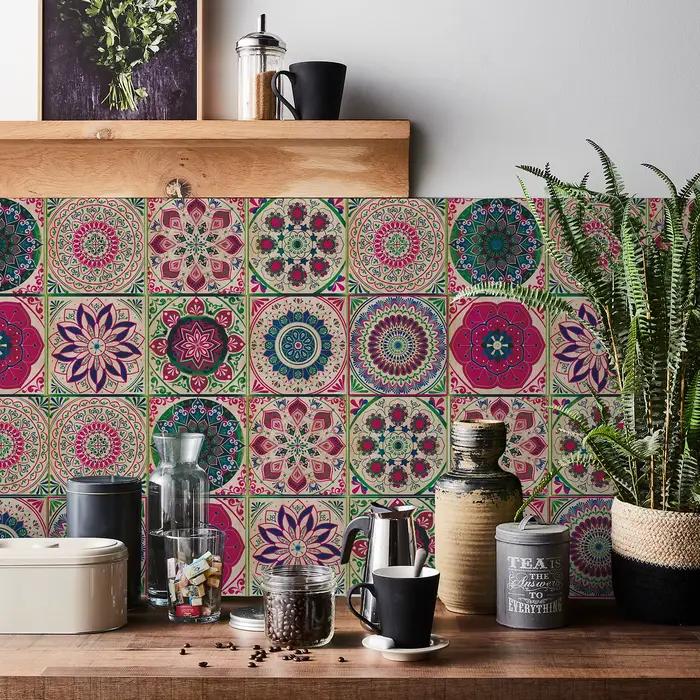 Autocollants de carrelage auto-adhésifs brillants à motif rétro Mandala, 24 pièces, pour cuisine et