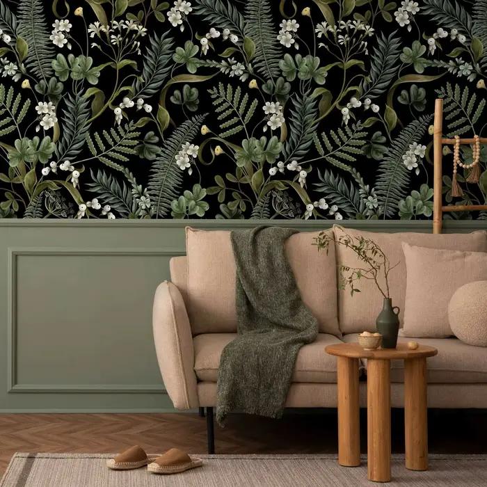 Papier peint botanique de fougère, papier peint botanique foncé pour la décoration intérieure, papie