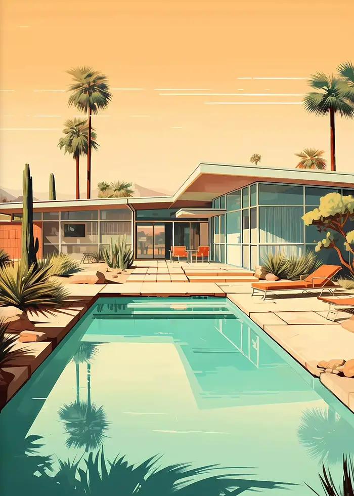 Affiche sur toile imprimée, style pop art, paysage marin, piscine rose, été, palmiers tropicaux, arc