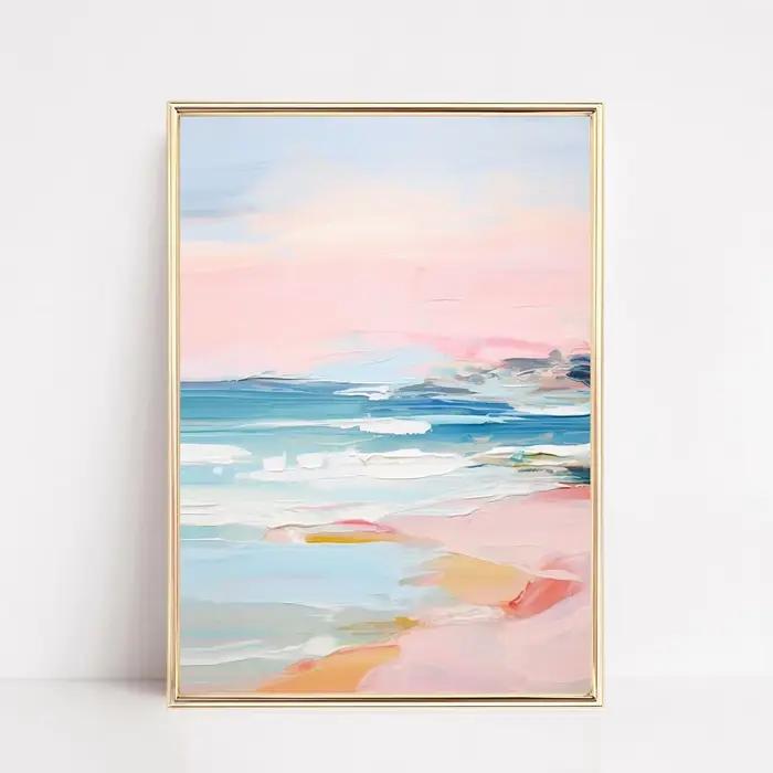 Affiche encadrée imprimée Coucher de soleil pastel rose poudré, thème Plage côtière, Peinture Océan,