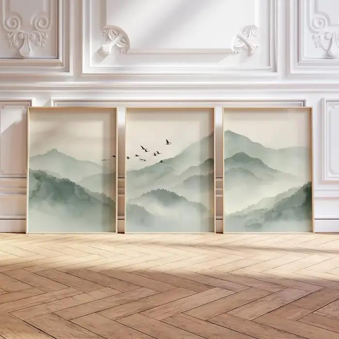 Lot de 3 tableaux muraux vert sauge - Triptyque d'impressions Japandi sur toile pour la décoration d
