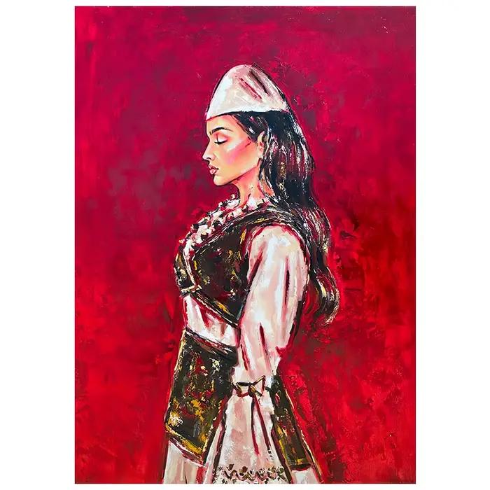 Toile d'art mural avec cadre, femme albanaise, affiche rouge, peinture à l'huile à la main, impressi