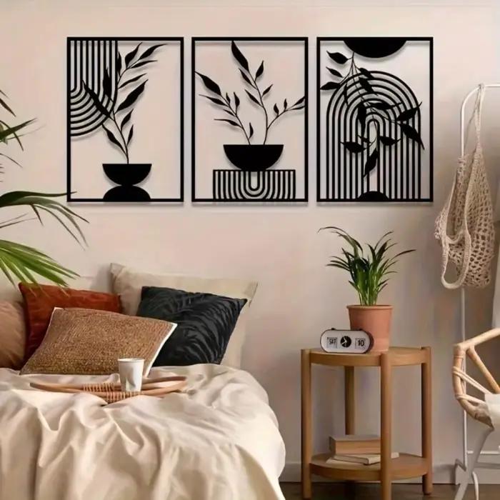 Ensemble de 3 pièces d'art mural en métal et fer noir, décor de ligne abstraite pour salon, chambre