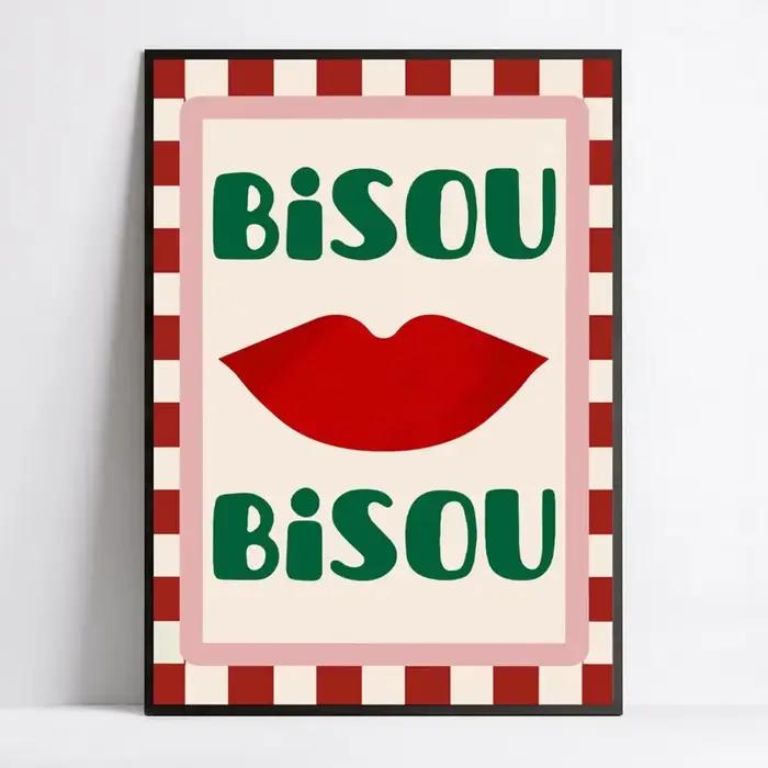 Affiche encadrée d'art à lèvres rouges Bisou Bisou, peinture sur toile rétro moderne pour chambre à