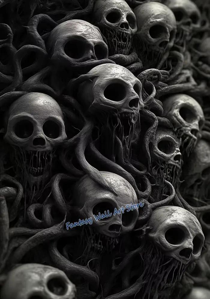 Affiche de crâne effrayant et hurlant, Portrait de crâne de l'université sombre, affiche de fantaisi