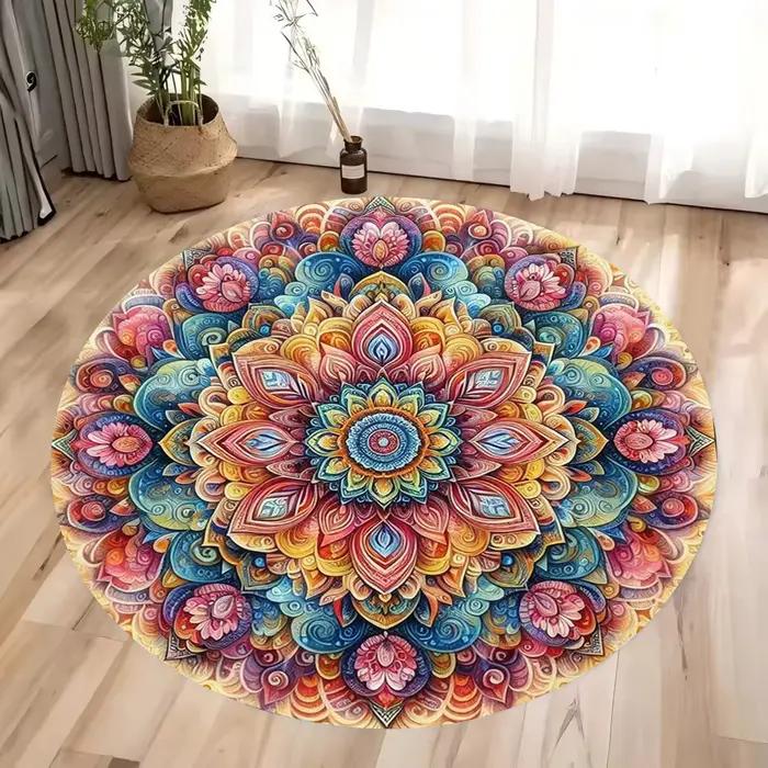 Tapis rond à fleurs colorées Mandala, style bohème, pour méditation, Yoga, salon, chambre à coucher,