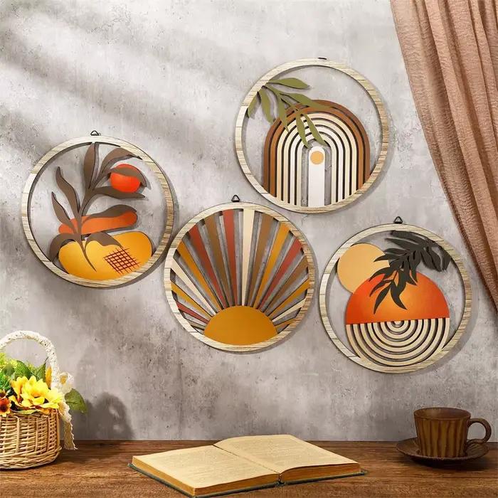 4 pièces mur en bois bohème mur Art ferme bohème pays cour décoration forme ronde tenture murale déc