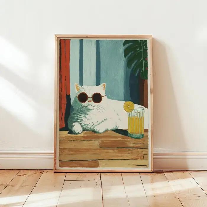 Affiche Cool Cat Lemonade | Illustration d'un chat blanc avec des lunettes de soleil | Impressio