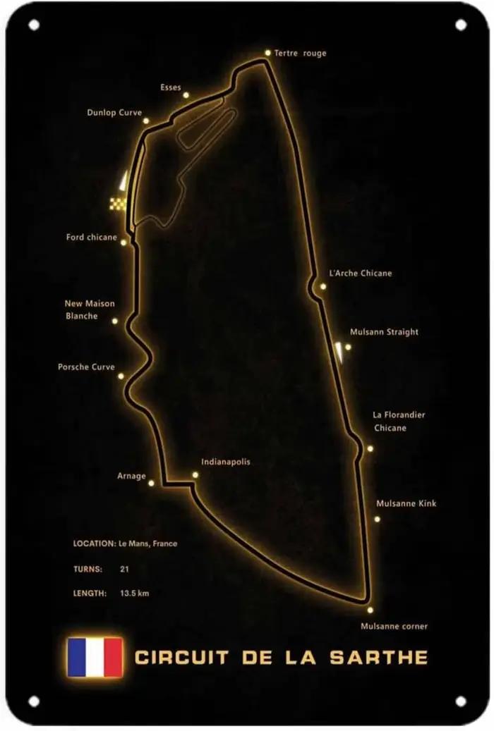 Circuit de la Sarthe carte Le Mans 24 heures course Vintage France signe en métal impression décorat