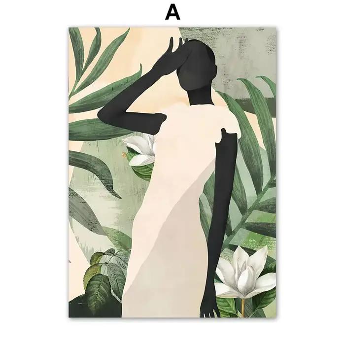 Peinture sur toile abstraite de femme africaine avec feuilles, affiches et impressions de fille noir