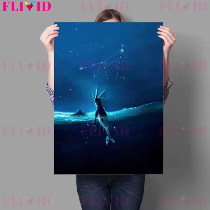 Affiche d'art d'astrologie bleue de signes du zodiaque et impression de douze Constellations, peintu