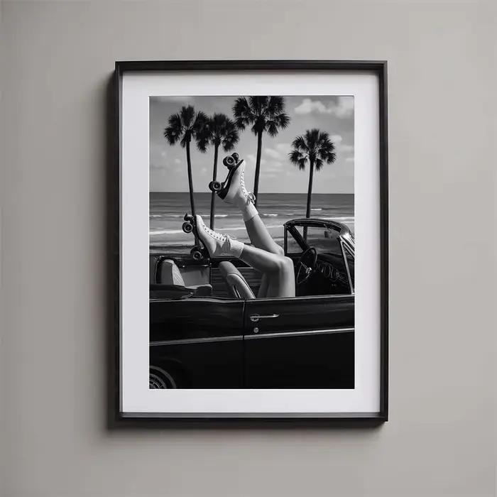Affiche d'art de plage tropicale, surfeur, vagues d'océan, impression noir et blanc, décor de maison