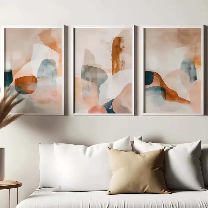 Lot de 3 tableaux triptyques sans cadre, abstraits, tons neutres terre, style minimaliste, pour déco