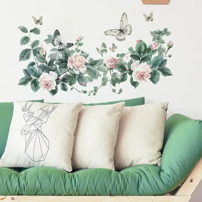 Autocollant mural de plantes vertes et de fleurs, décoration de fond de canapé pour salon, murale dé