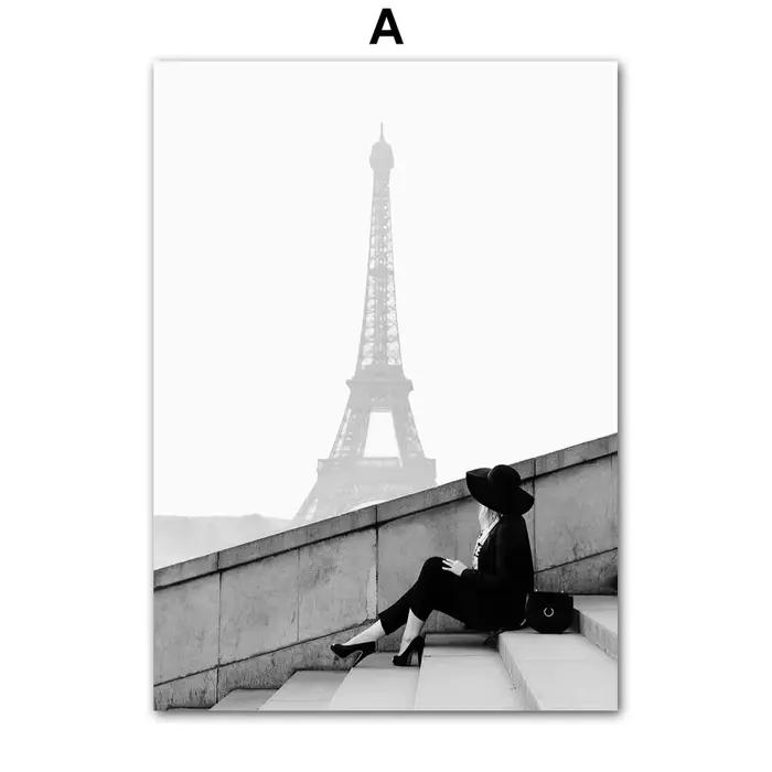 Paris Tower Girl Old importer Coffee Landscape Wall Art, Peinture, Affiches en noir et blanc, Image