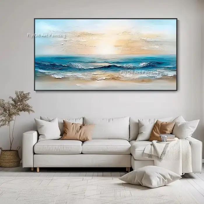 Art mural moderne, œuvre d'art de mer, grand couteau de Seawave bleu, peinture à l'huile épaisse fai