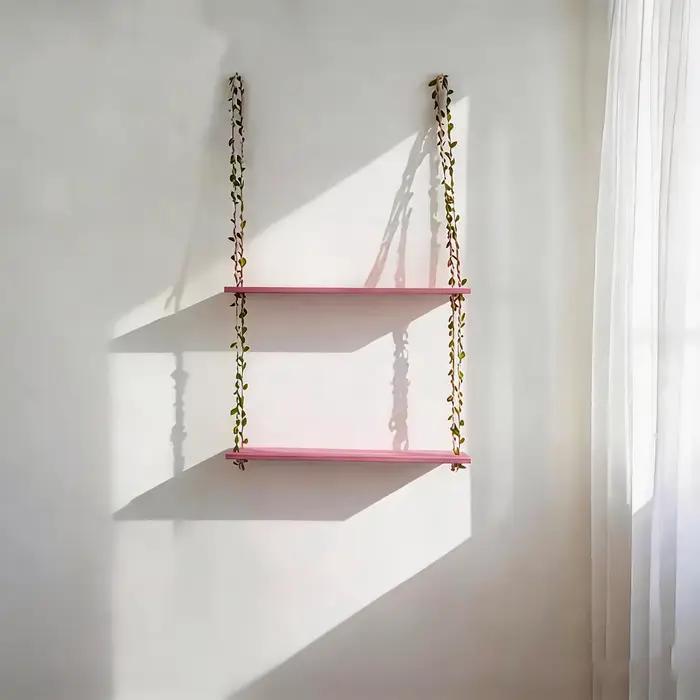 1 étagère murale rose bohème, design en bois, deux/trois niveaux, adaptée au salon ou à la chambre à